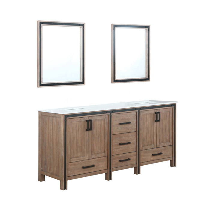 Lexora Ziva 72" Rustic Barnwood Double Vanity, Cultured Marble Top, White Square Sink and 30" Mirrors