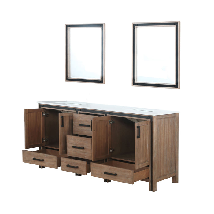 Lexora Ziva 72" Rustic Barnwood Double Vanity, Cultured Marble Top, White Square Sink and 30" Mirrors