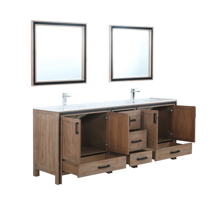 Lexora Ziva 84" Rustic Barnwood Double Vanity, Cultured Marble Top, White Square Sink and 34" Mirrors w/ Faucet