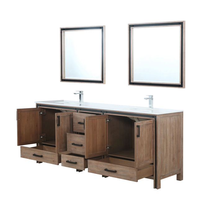 Lexora Ziva 84" Rustic Barnwood Double Vanity, Cultured Marble Top, White Square Sink and 34" Mirrors w/ Faucet