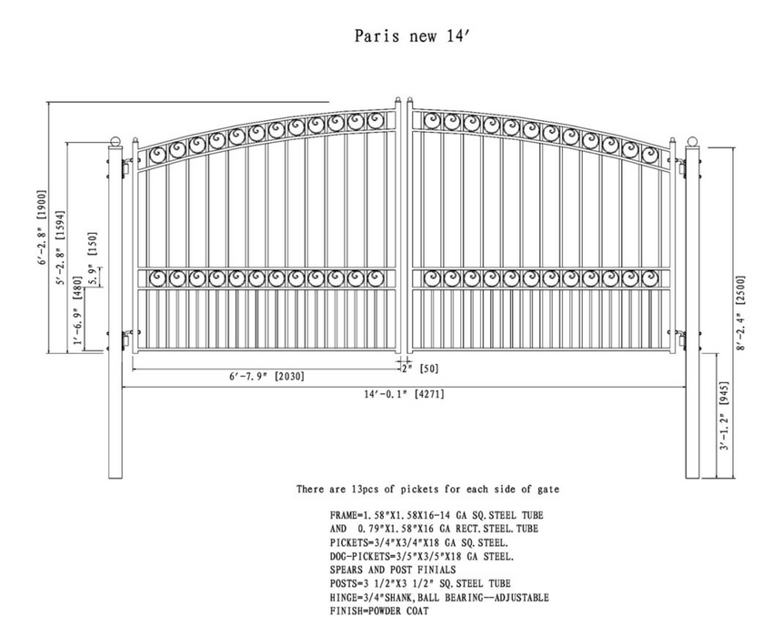 Aleko Steel Dual Swing Driveway Gate Paris Style 14 x 6 Feet