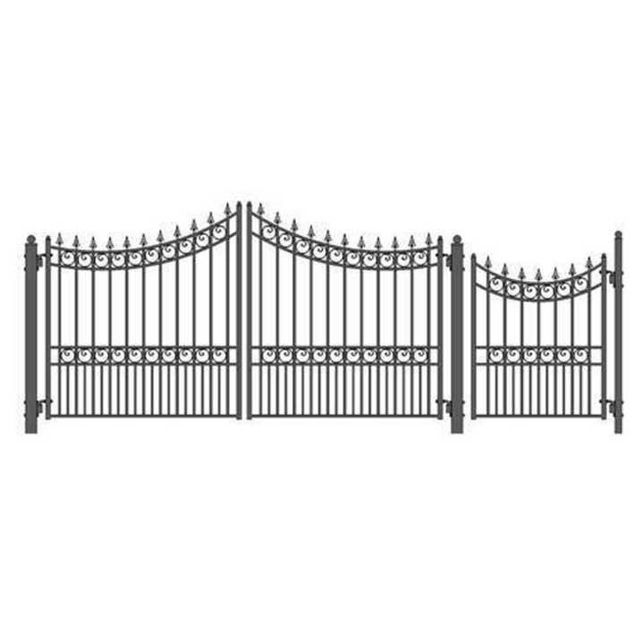 Aleko Steel Dual Swing Driveway Gate - Moscow Style - 14 ft with Pedestrian Gate - 5 ft