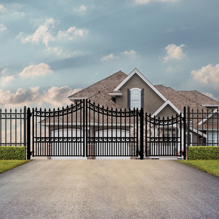 Aleko Steel Dual Swing Driveway Gate - Moscow Style - 14 ft with Pedestrian Gate - 5 ft