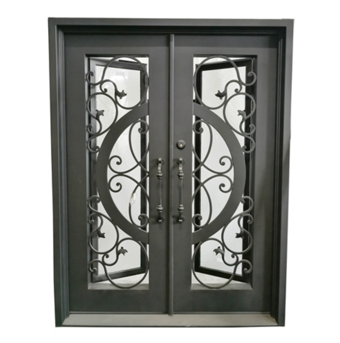 Aleko Iron Vine and Curve Dual Door with Square Top Frame and Threshold - 81 x 62 x 6 Inches - Matte Black