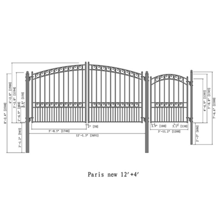 Aleko Steel Dual Swing Driveway Gate - Paris Style - 14 ft with Pedestrian Gate - 5 ft