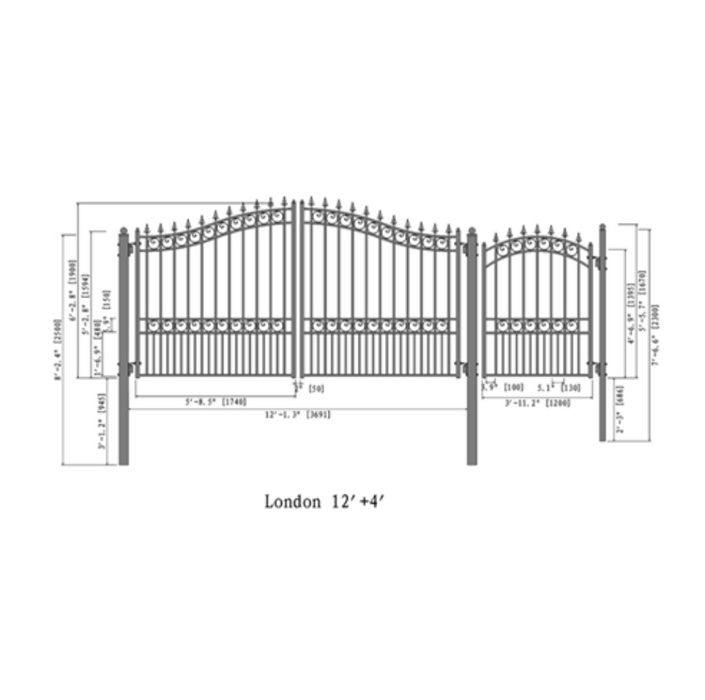 Aleko Steel Dual Swing Driveway Gate - London Style - 12 ft with Pedestrian Gate - 5 ft
