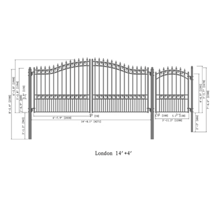 Aleko Steel Dual Swing Driveway Gate - London Style - 14 ft with Pedestrian Gate - 5 ft