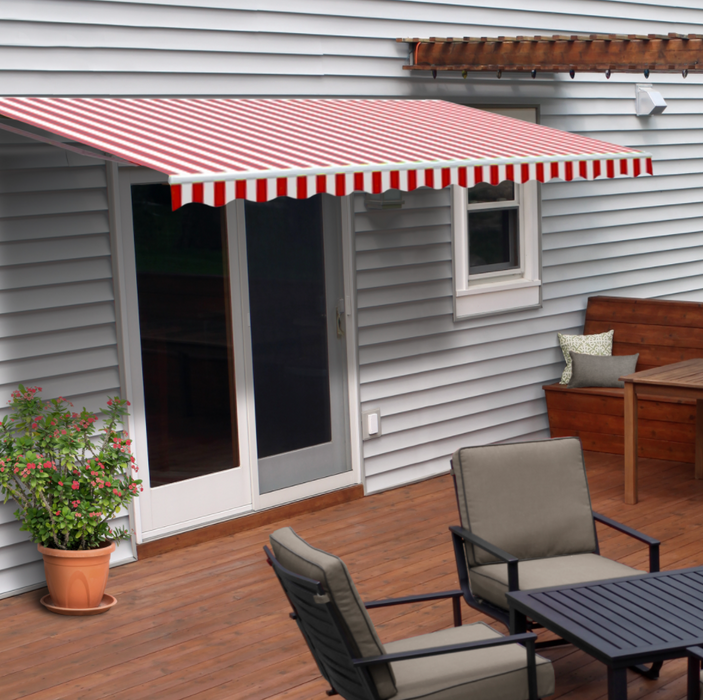 Aleko Retractable White Frame Patio Awning - 16 x 10 Feet - Red and White Stripes