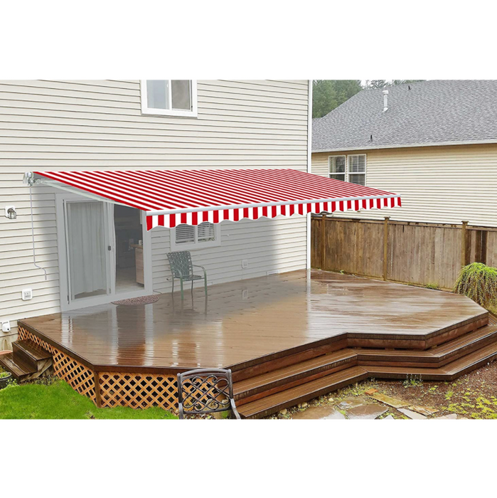 Aleko Retractable White Frame Patio Awning - 16 x 10 Feet - Red and White Stripes