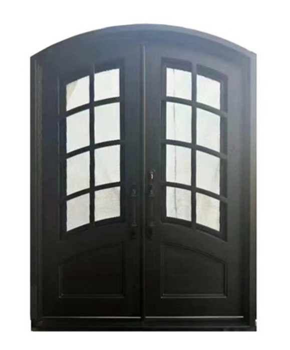 Aleko Iron Arched Top Minimalist Glass-Panel Dual Door with Frame and Threshold - 92 x 72 Inches - Matte Black