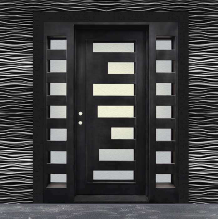 Aleko Iron Square Top Geometric-Embossed Single Door with Frame and Threshold - 81 x 62 x 6 Inches - Matte Black