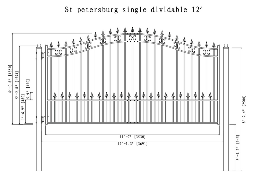 Aleko Steel Single Swing Driveway Gate - St. Petersburg Style - 12 x 6 Feet