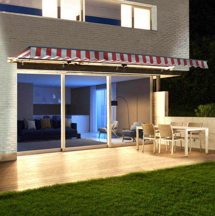 Aleko Half Cassette Motorized Retractable LED Luxury Patio Awning - 16 x 10 Feet - Red And White Stripes