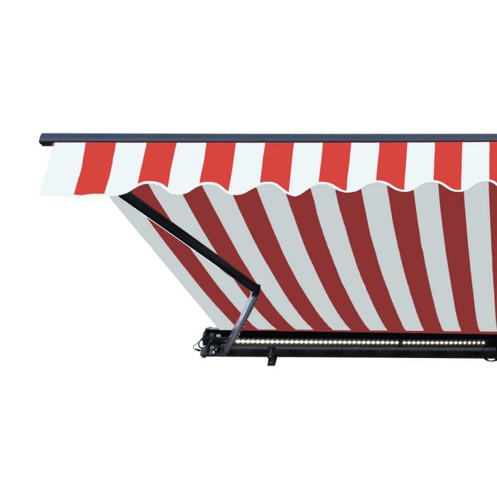 Aleko Half Cassette Motorized Retractable LED Luxury Patio Awning - 16 x 10 Feet - Red And White Stripes
