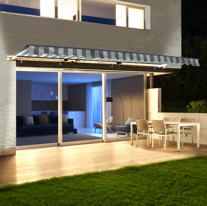 Aleko Half Cassette Motorized Retractable LED Luxury Patio Awning - 20 x 10 Feet - Gray And White Stripes