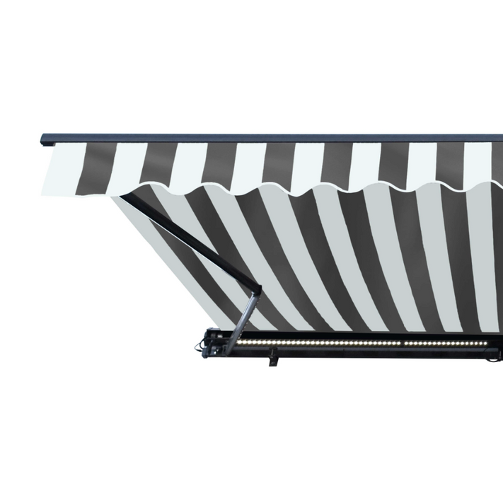 Aleko Half Cassette Motorized Retractable LED Luxury Patio Awning - 16 x 10 Feet - Gray And White Stripes