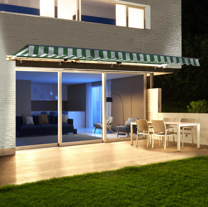 Aleko Half Cassette Motorized Retractable LED Luxury Patio Awning - 20 x 10 Feet - Green And White Stripes