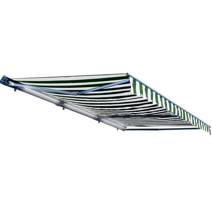 Aleko Half Cassette Motorized Retractable LED Luxury Patio Awning - 20 x 10 Feet - Green And White Stripes