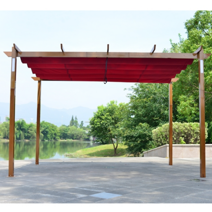 Aleko Aluminum Outdoor Retractable Pergola with Solar Powered LED Lamps and Wooden Finish - 13 x 10 Ft - Burgundy