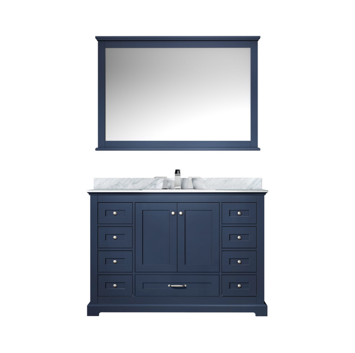 Lexora Dukes 48" Navy Blue Single Vanity, White Carrara Marble Top, White Square Sink and 46" Mirror