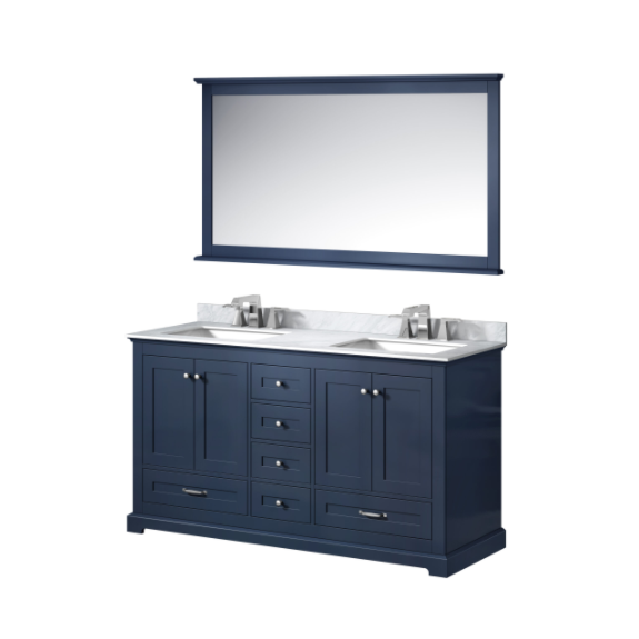 Lexora Dukes 60" Navy Blue Double Vanity, White Carrara Marble Top, White Square Sinks and 58" Mirror