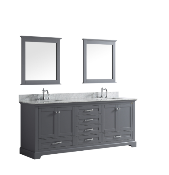 Lexora Dukes 80" Dark Grey Double Vanity, White Carrara Marble Top, White Square Sinks and 30" Mirrors