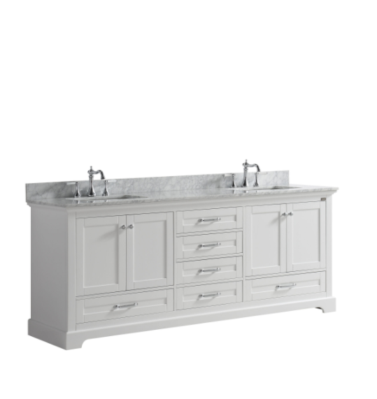Lexora Dukes 80" White Double Vanity, White Carrara Marble Top, White Square Sinks and 30" Mirrors