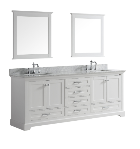 Lexora Dukes 80" White Double Vanity, White Carrara Marble Top, White Square Sinks and 30" Mirrors