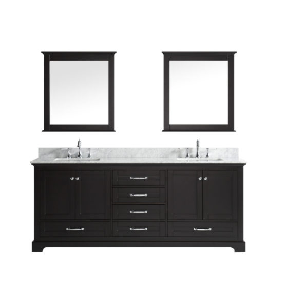 Lexora Dukes 80" Espresso Double Vanity, White Carrara Marble Top, White Square Sinks and 30" Mirrors