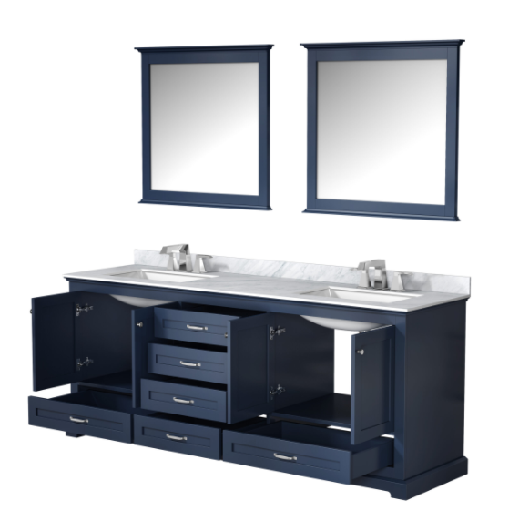 Lexora Dukes 80" Navy Blue Double Vanity, White Carrara Marble Top, White Square Sinks and 30" Mirrors