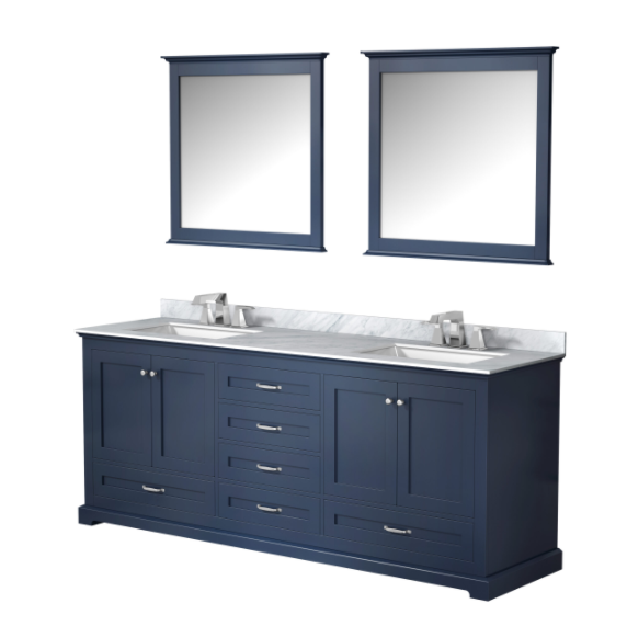 Lexora Dukes 80" Navy Blue Double Vanity, White Carrara Marble Top, White Square Sinks and 30" Mirrors