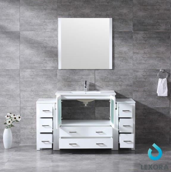 Lexora Volez 60" White Single Vanity w/ 2 Side Cabinets, Integrated Top, White Integrated Square Sink and 34" Mirror