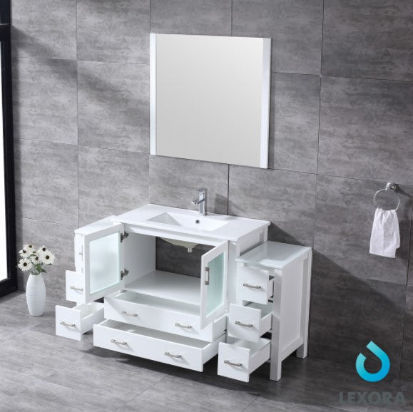 Lexora Volez 60" White Single Vanity w/ 2 Side Cabinets, Integrated Top, White Integrated Square Sink and 34" Mirror