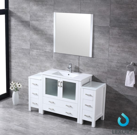 Lexora Volez 60" White Single Vanity w/ 2 Side Cabinets, Integrated Top, White Integrated Square Sink and 34" Mirror