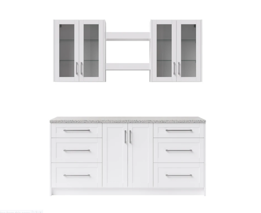 Home Bar 8 Piece Cabinet Set with Granite Countertop and Glass Doors - 24 Inch