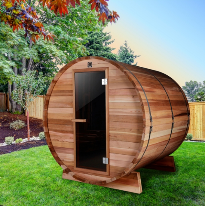 ALEKO Outdoor and Indoor Rustic Western Red Cedar Barrel Sauna - 4.5 kW Harvia KIP Heater - 4 Person