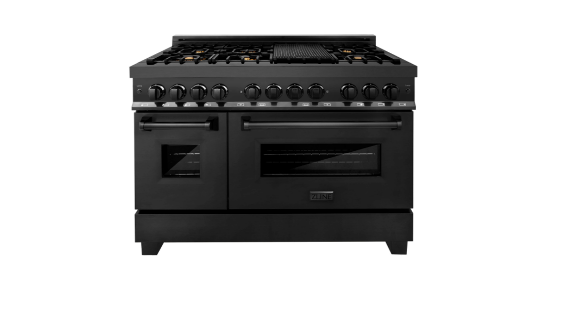 ZLINE Bundle 48" Kitchen Package with Black Stainless Steel Dual Fuel Range, Convertible Vent Range Hood and Dishwasher (3KP-RABRH48-DW)