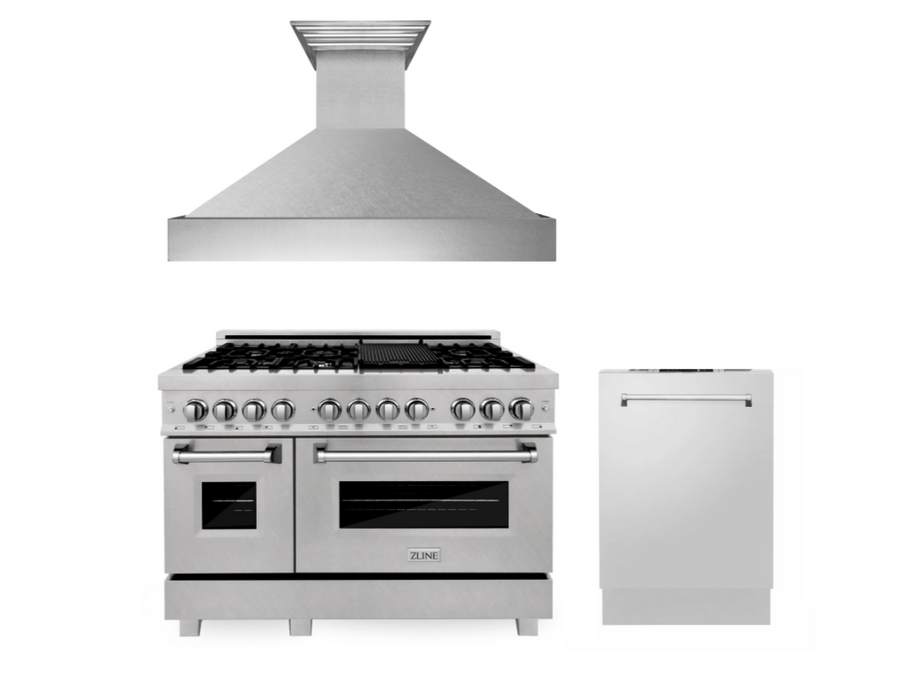 ZLINE Bundle 48" Kitchen Package with DuraSnow® Stainless Dual Fuel Range, Ducted Vent Range Hood and Dishwasher (3KP-RASRH48-DW)