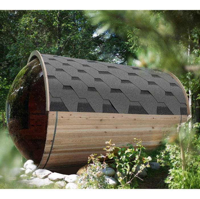ALEKO Outdoor Rustic Cedar Barrel Sauna with Panoramic View and Bitumen Shingle Roofing - 4 Person - 4.5 kW ETL Certified Heater