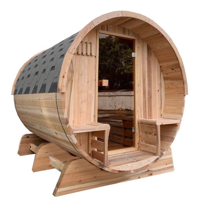 ALEKO Outdoor Rustic Cedar Barrel Sauna with Panoramic View and Bitumen Shingle Roofing - 6 Person - 6 kW ETL Certified Heater