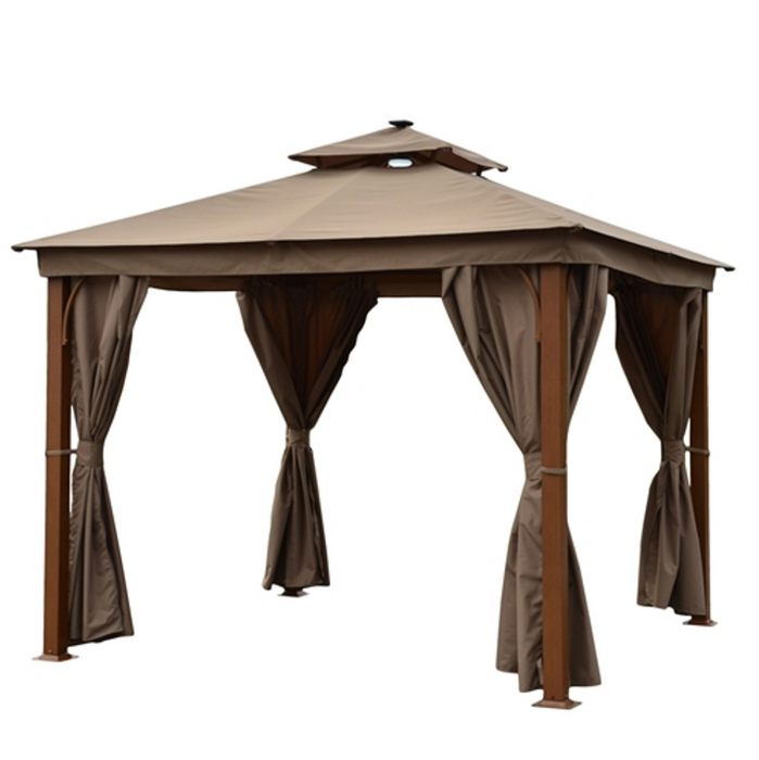 ALEKO Double Roof Aluminum Gazebo with Wooden Finish and Curtain - 10 x 10 Feet - Sand