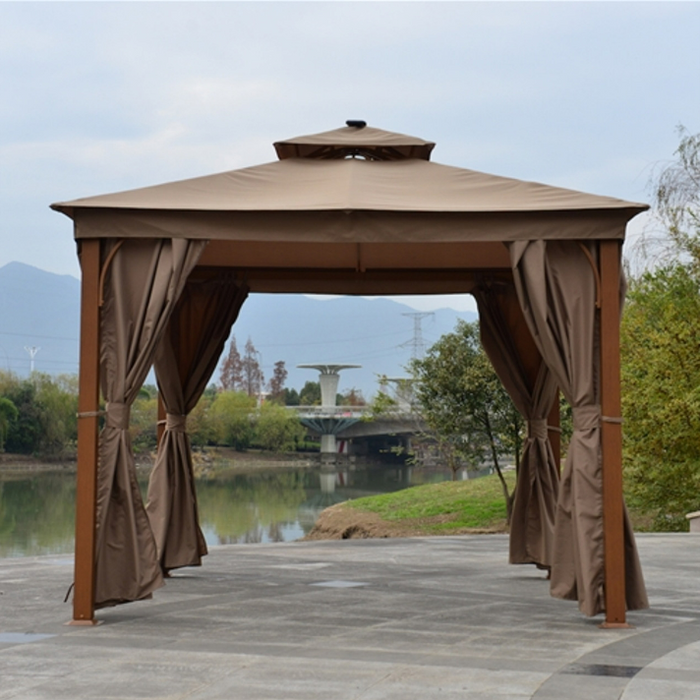 ALEKO Double Roof Aluminum Gazebo with Wooden Finish and Curtain - 10 x 10 Feet - Sand