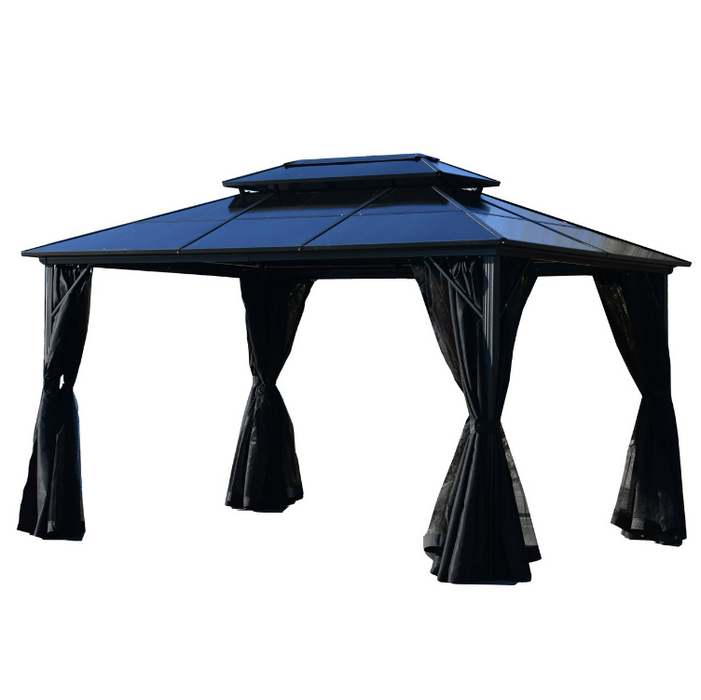 ALEKO 2-Tier Double Roof Aluminum and Steel Hardtop Gazebo Canopy with Mosquito Net and Shaded Curtains - 13 x 10 Feet - Black