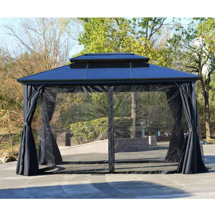 ALEKO 2-Tier Double Roof Aluminum and Steel Hardtop Gazebo Canopy with Mosquito Net and Shaded Curtains - 13 x 10 Feet - Black