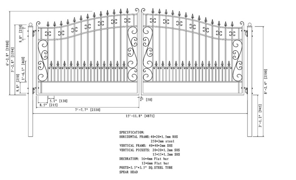 Aleko Steel Dual Swing Driveway Gate - Venice Style 18 x 6 Feet