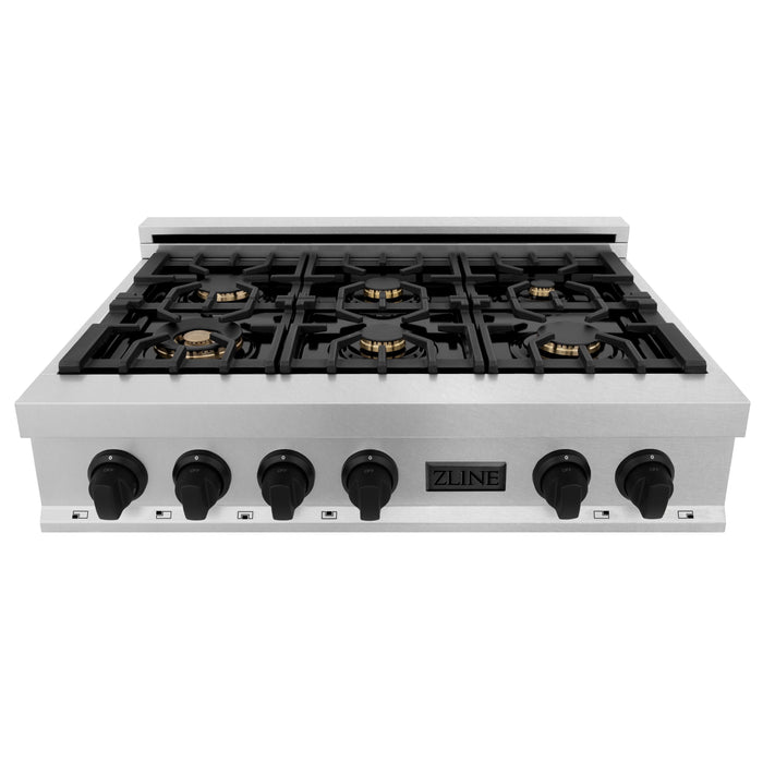 ZLINE Autograph Edition 36" Porcelain Rangetop with 6 Gas Burners in DuraSnow® Stainless Steel and Matte Black Accents (RTSZ-36-MB)