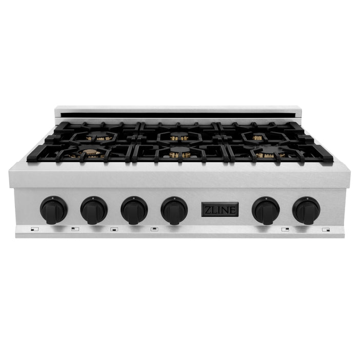 ZLINE Autograph Edition 36" Porcelain Rangetop with 6 Gas Burners in DuraSnow® Stainless Steel and Matte Black Accents (RTSZ-36-MB)