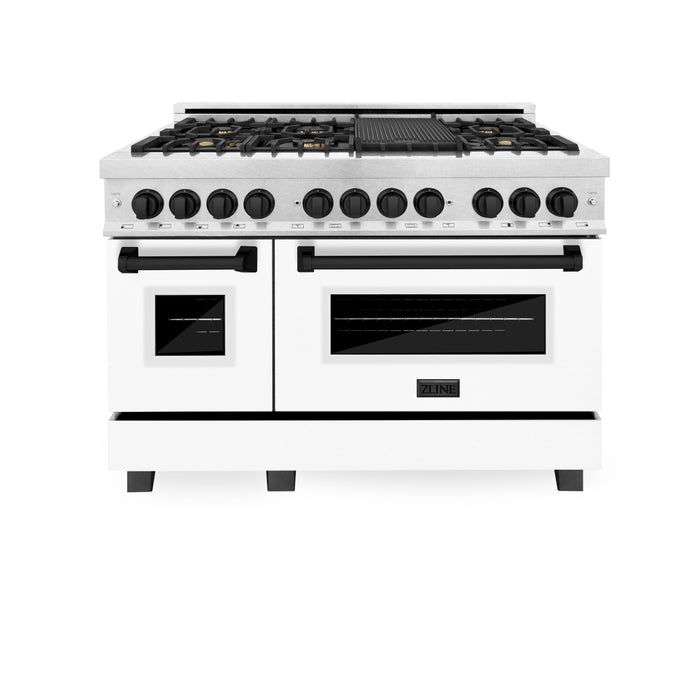 ZLINE Autograph Edition 48" 6.0 cu. ft. Dual Fuel Range with Gas Stove and Electric Oven in DuraSnow® Stainless Steel with White Matte Door and Matte Black Accents (RASZ-WM-48-MB)