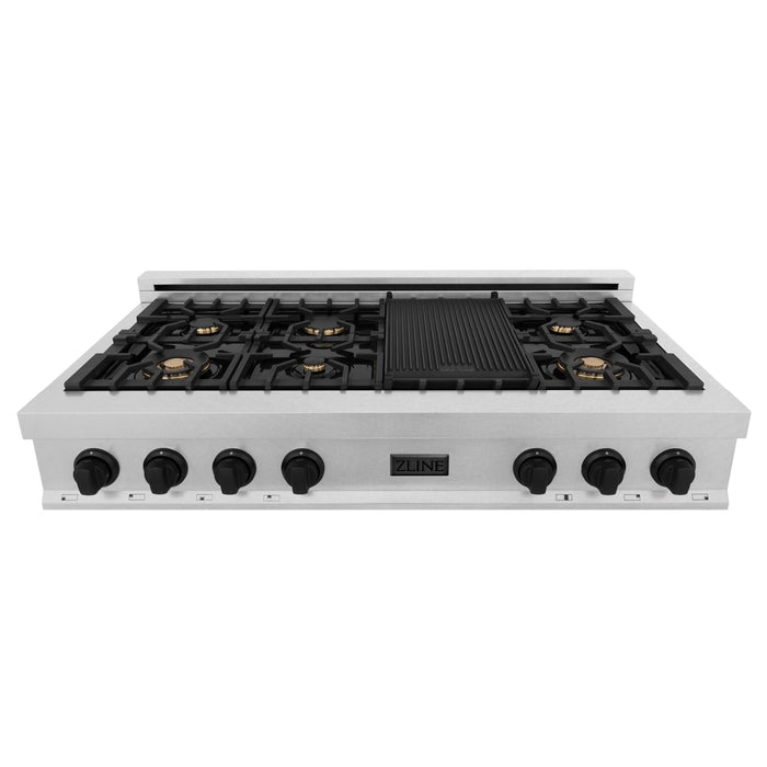 ZLINE Autograph Edition 48" Porcelain Rangetop with 7 Gas Burners in DuraSnow® Stainless Steel and Matte Black Accents (RTSZ-48-MB)