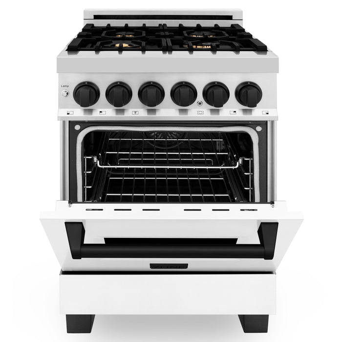 ZLINE Autograph Edition 24" 2.8 cu. ft. Dual Fuel Range with Gas Stove and Electric Oven in Stainless Steel with White Matte Door and Matte Black Accents (RAZ-WM-24-MB)
